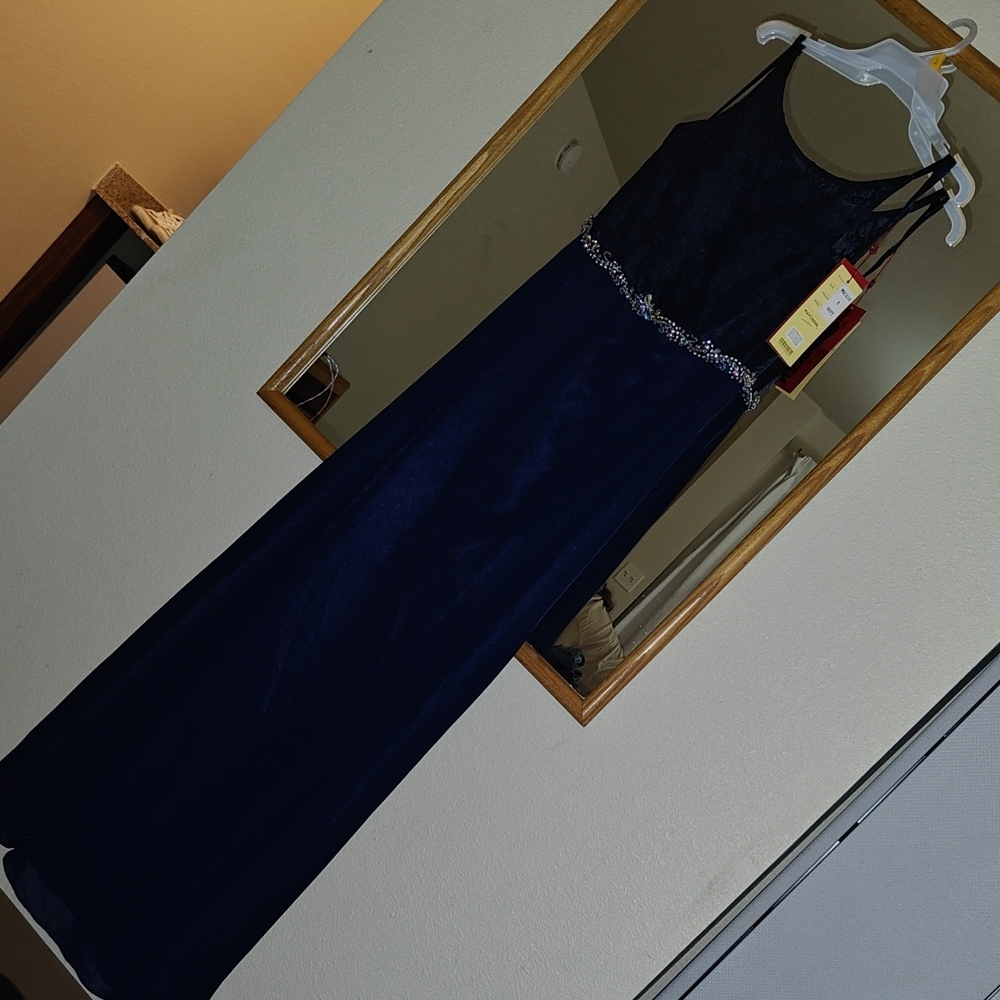 NWT May Queen Navy Blue Maxi Dress with Silver Beadwork Sz 8